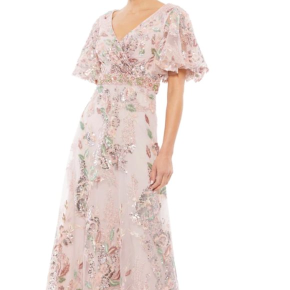 MAC DUGGAL 67880 FLORAL EMBELLISHED SHORT SLEEVE ROSE PINK GOWN sz 8 - Picture 1 of 7